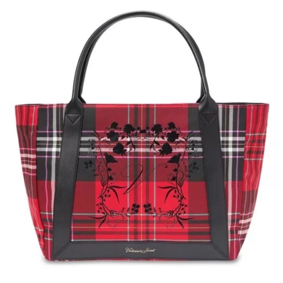 VICTORIA’S SECRET • Festive Plaid Floral Tote Overnight Gym Travel Bag - Picture 1 of 5